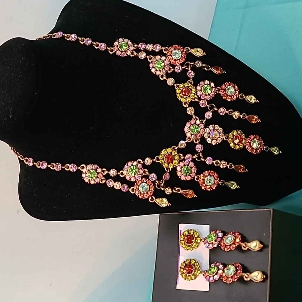 Vintage Floral Rhinestone Necklace & Earrings Set